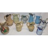 Ten various 19th century pottery jugs including Hanley brown glazed jug with ecclesiastical figure