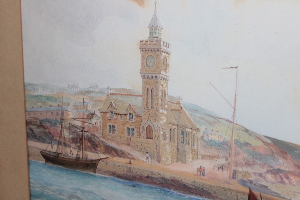 Artist Unknown - watercolour A 19th century view of The Institute of Porthleven with fishing boats, - Image 2 of 2