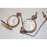 A gentleman's gold plated hunter pocket watch with circular enamelled dial and plated chain