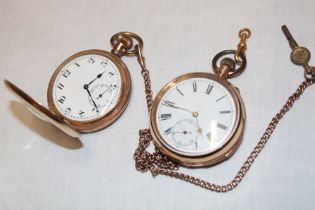A gentleman's gold plated hunter pocket watch with circular enamelled dial and plated chain