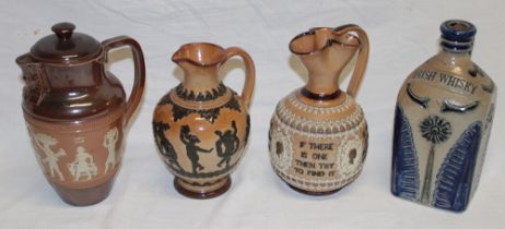 A Doulton Lambeth pottery tapered jug with raised text and portrait decoration "For Every Ill