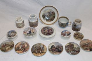 A selection of 19th century Prattware circular pot lids and related items including "Peace/TheWolf