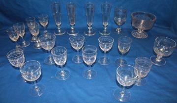 A selection of 18th and 19th century stemmed drinking glasses including four 19th century tapered