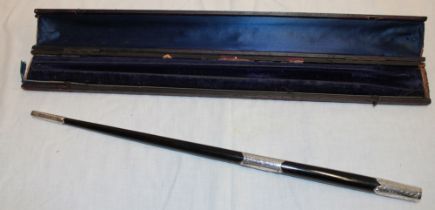 A Victorian ebony music conductor's baton with silver plated mounts of Cornish interest "Presented