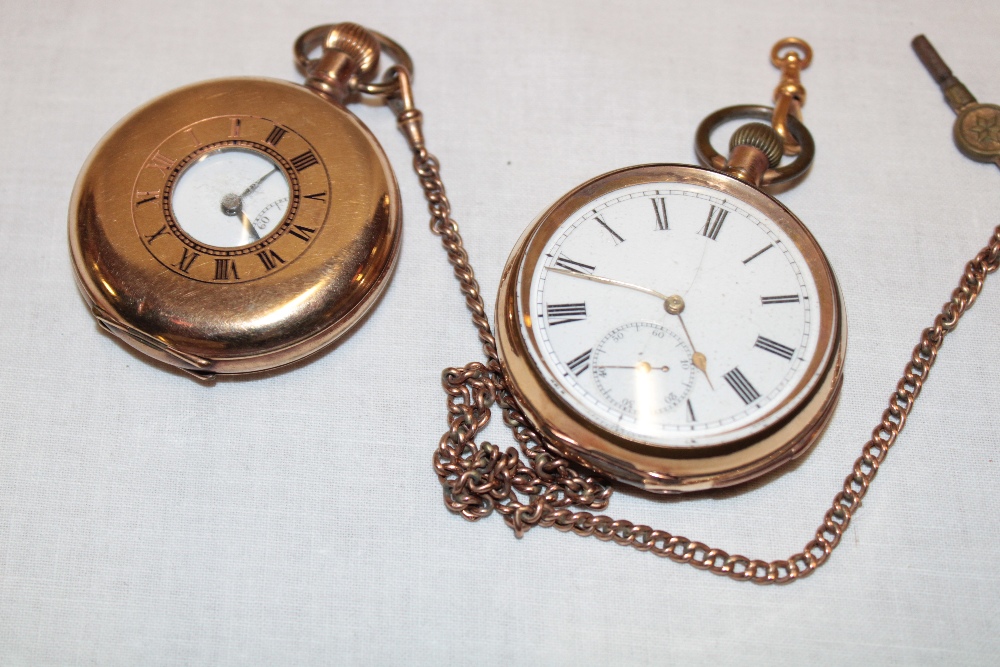 A gentleman's gold plated hunter pocket watch with circular enamelled dial and plated chain - Image 2 of 2