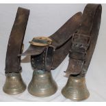 Three early Swiss bronze cow bells with original leather straps and buckles,