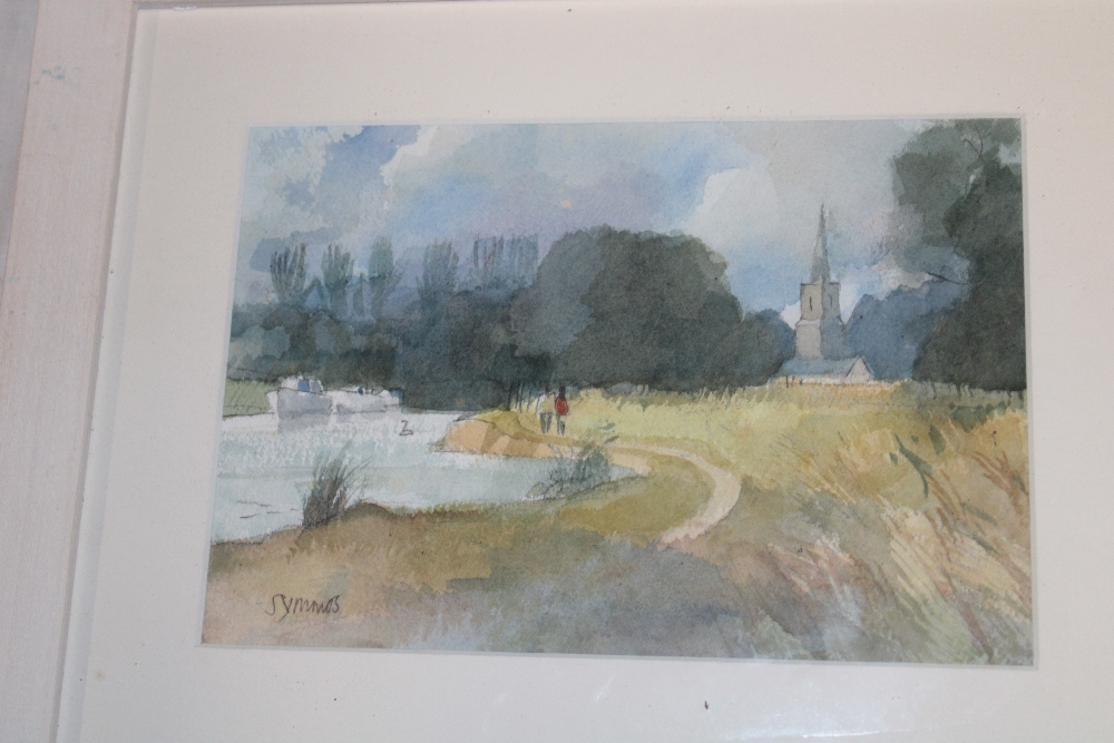 Ken Symonds - watercolour River scene with church, signed,