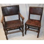 A pair of 19th century oak country-style dining chairs upholstered in leather on bobbin turned