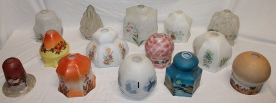 Fourteen various decorative glass lampshades in varying sizes and forms