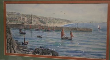 S** J** Nash - watercolour A view of Porthleven harbour with fishing boats, signed,