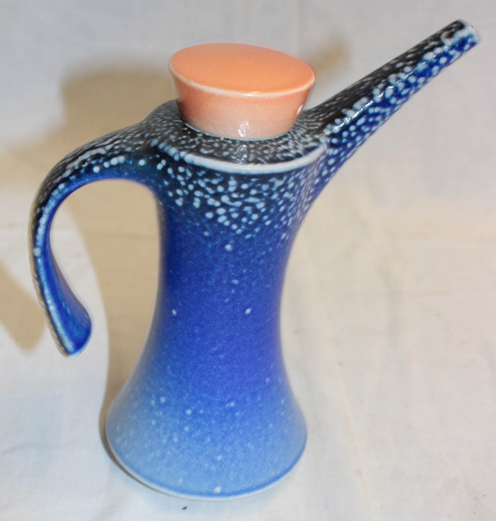 A studio pottery blue salt glazed coffee pot by Jeremy Nichols,