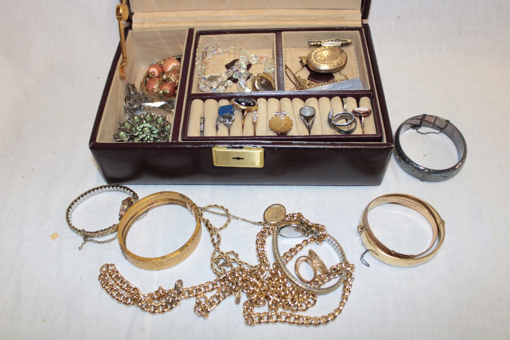 A jewellery box including a box of various costume jewellery including dress rings, bangles,