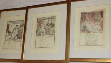 Three hand coloured satirical engravings after Thomas Rowlandson,