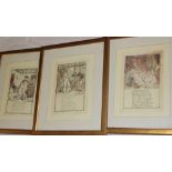 Three hand coloured satirical engravings after Thomas Rowlandson,