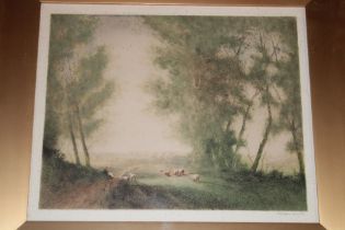 A coloured etching depicting a shepherd with sheep, signed in pencil Tatton Winter,