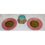 A 19th century Copeland majolica glazed hexagonal bowl and stand with raised rustic decoration,