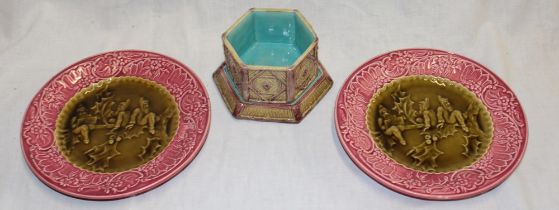 A 19th century Copeland majolica glazed hexagonal bowl and stand with raised rustic decoration,