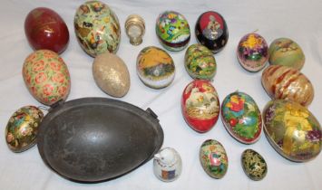 An old metal Easter egg mould with hinged cover and a selection of eighteen various decorative