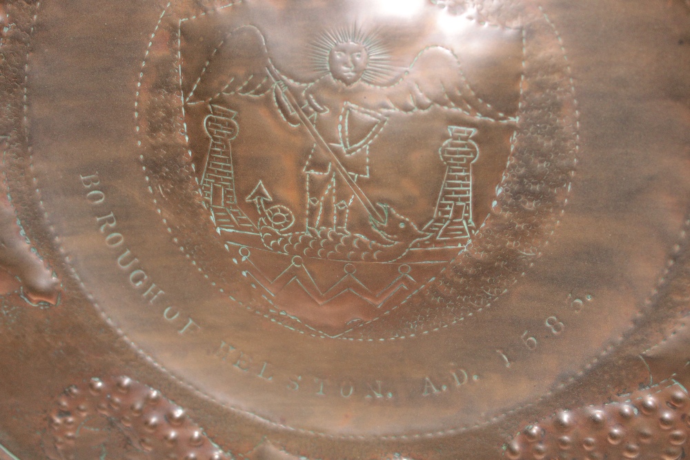 A Cornish beaten copper circular plaque bearing the Arms for Helston "Borough of Helston AD1583" - Image 2 of 2