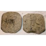 Two unusual pieces of Cornish granite, each carved with Chinese character emblems,