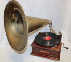 A reproduction gramophone by Olympia with brass traditional horn