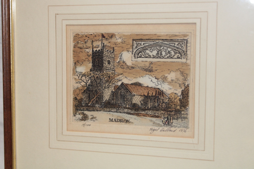 A sepia limited-edition print of Madron church signed by Nigel Hallard,