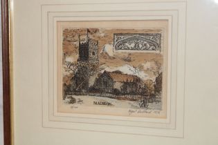 A sepia limited-edition print of Madron church signed by Nigel Hallard,