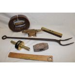 A selection of various old tools including small bronze craftsman's anvil, 7½" long,