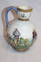 A French Gien pottery tapered vase, decorated with elderly traveller figures within a landscape,