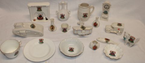 A selection of Porthleven crested souvenir china including First War tank, bi-plane,