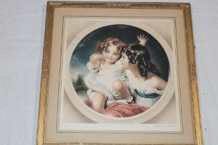 A 19th Century coloured engraving depicting two young girls,