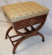 A late Victorian inlaid mahogany rectangular piano stool with upholstered box seat on X-frame legs