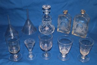 Two 19th century glass rectangular graduated liqueur decanters with etched floral decoration,