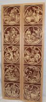 Ten sepia ceramic tiles depicting regal scenes in two display frames