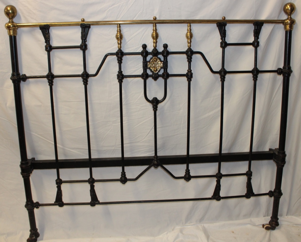A Victorian brass mounted cast iron double bed with side rails and fittings, - Image 3 of 4