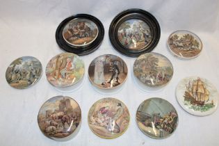 A selection of 19th century Prattware circular pot lids including "The Village Wedding/The Game