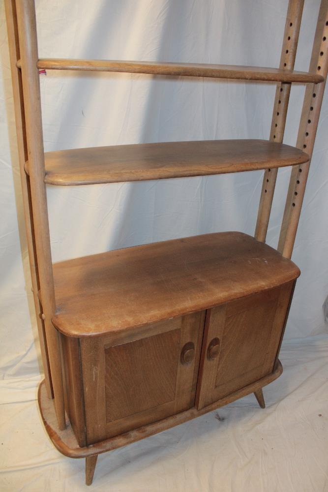 A 1960's Ercol pale elm "Giraffe" room divider with open shelves and base cupboard enclosed by two - Image 2 of 3