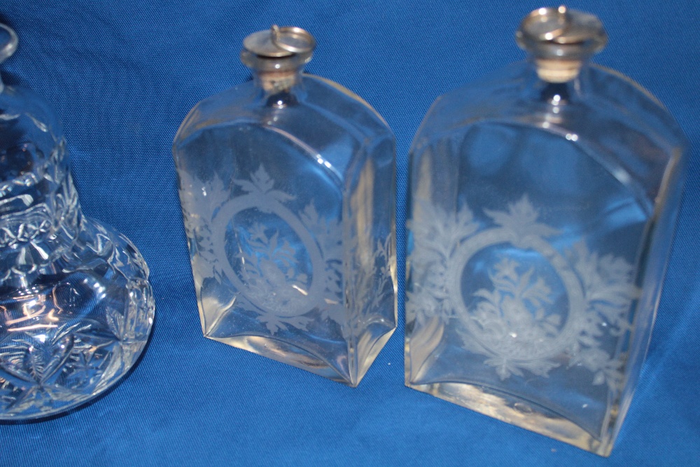 Two 19th century glass rectangular graduated liqueur decanters with etched floral decoration, - Image 2 of 2