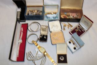 A selection of various costume jewellery together with ladies and gent's wristwatches, cuff-links,