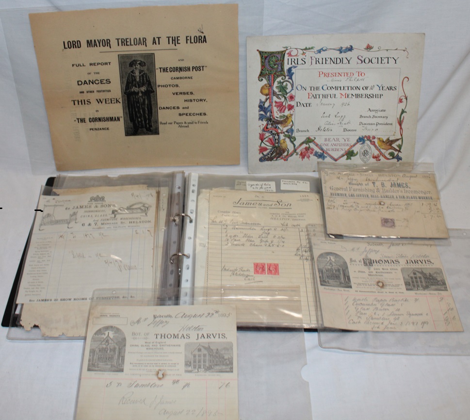 A folder containing a selection of Helston related paperwork and receipts including Thomas Jarvis