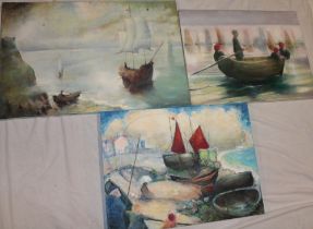 Philip North - oils on canvases Three coastal scenes with boats including "The First Emmett",