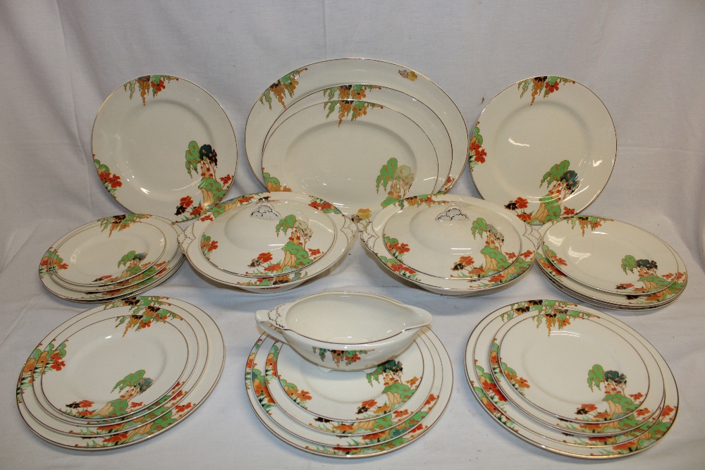 A Meakin Art Deco-style dinner set with castle and foliage decoration comprising a pair of circular