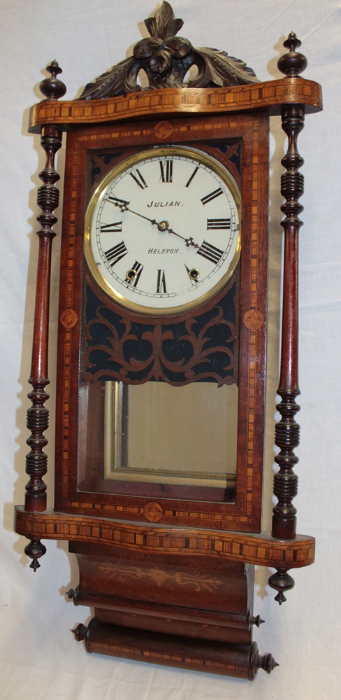 A 19th century wall clock with painted circular dial by Julian of Helston in inlaid walnut case