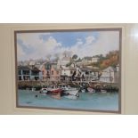 David Faull - watercolour Padstow harbour with boats, signed, inscribed to verso,