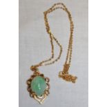 A 9ct gold pendant with jade decoration and 9ct gold fine link necklace (7.