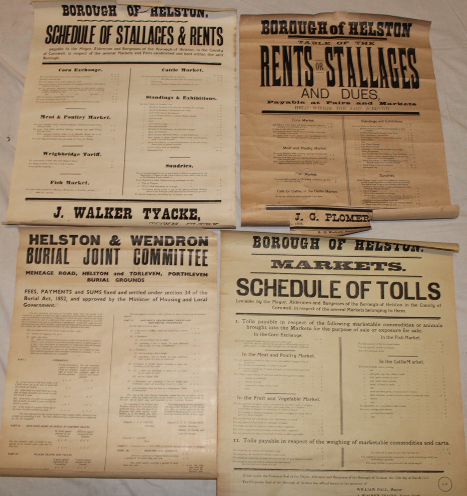 Four Borough of Helston posters including 1891 Table of Rents or Stallages and Dues,