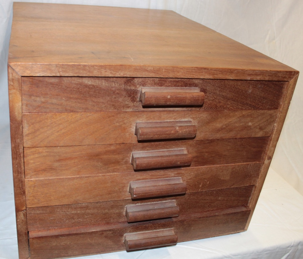 A polished camphor wood collector's chest of six shallow drawers, each with glass protective covers,