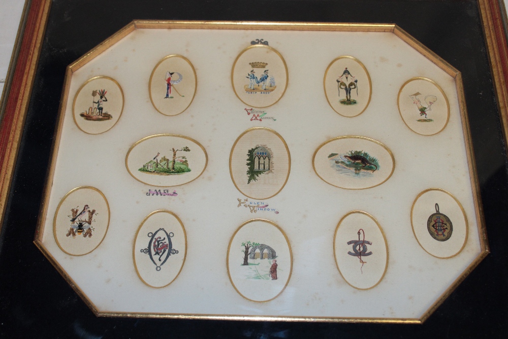 A framed display of thirteen miniature crests and pictures,