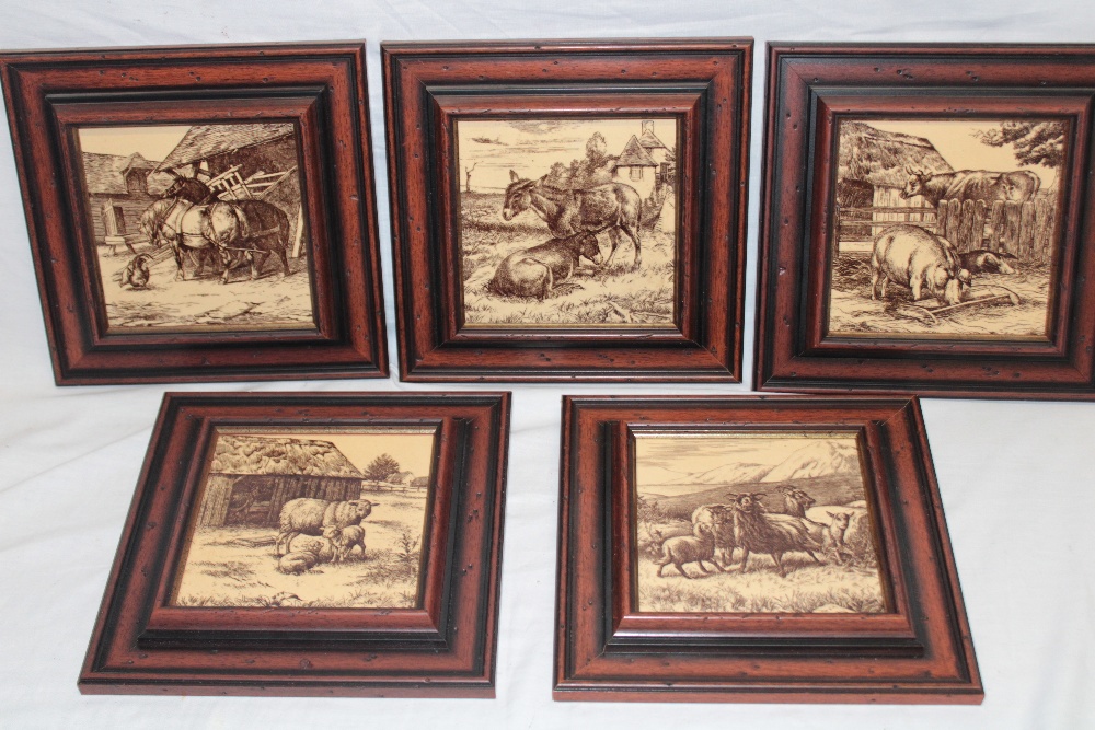 Five Minton's pottery ceramic square sepia tiles depicting various farmyard scenes, 6" x 6",