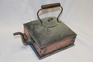 A 19th century copper square kettle with scroll handle,